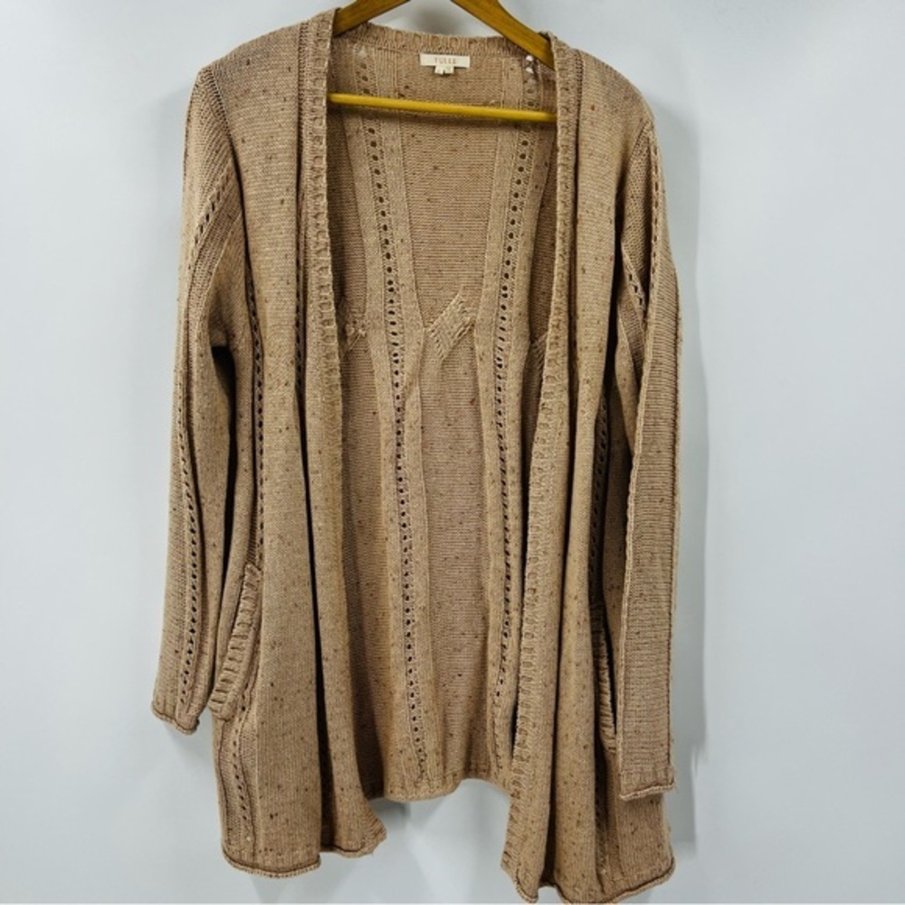 Tulle Cozy Tan‎ Cable Fisherman Knit Cardigan Sweater Size Large